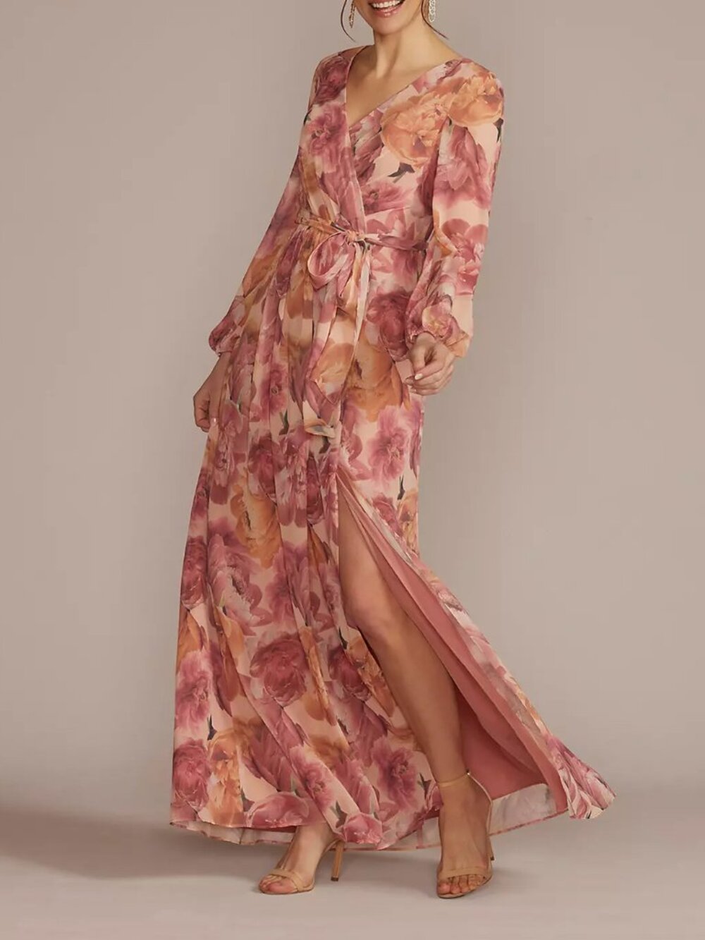 Oleg Cassini - Long Sleeve Floral Chiffon Maxi Dress with Slit